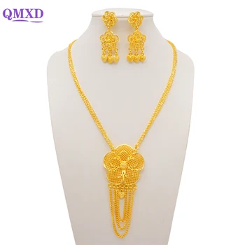 Дубайское Золотое ожерелье с цветочным кулоном и серьги, набор для женщин, Модные ювелирные наборы, Марокканские Свадебные подарки для Новобрачных