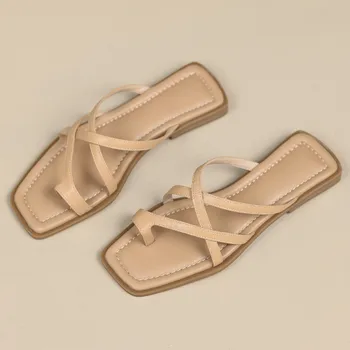 danxuefei/женские летние тапочки на плоской подошве из искусственной кожи с узким ремешком, мягкие удобные повседневные сандалии, распродажа женской обуви