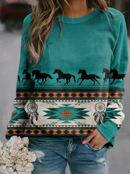 Осенний женский свитер в западном стиле с длинными рукавами и круглым вырезом 2023, модный топ с геометрическим принтом, женская весенняя повседневная одежда