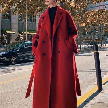 Красное модное шерстяное пальто, женская осенне-зимняя куртка 2021, Темперамент, толстая шерстяная куртка средней длины с длинными рукавами, тренд