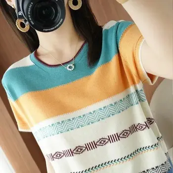 Элегантная женская футболка в полоску контрастных цветов, модные Свободные трикотажные топы с круглым вырезом, летняя женская одежда