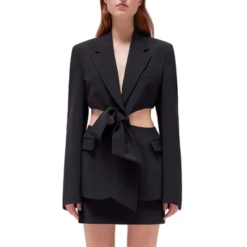 Черный блейзер и куртки для женщин, зубчатый воротник, Длинный рукав, застежка на пояс, Выдалбливают Модное Элегантное женское пальто для улицы