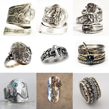 Винтажные кольца античного цвета для женщин, Античное серебро, Изящный выгравированный цветочный узор, вечерние кольца на палец, стильные ювелирные изделия