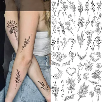 Эскиз наклейки с татуировкой в виде цветка, Эскиз наклейки с татуировкой, цветок розы, черно-белый цветок, временная татуировка