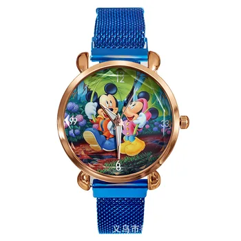 Детские часы Disney с Микки и Минни, сетка из нержавеющей стали, удобный ремешок, кварцевые наручные часы, подарки на день рождения