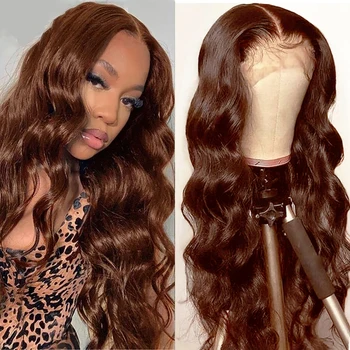 Шоколадно-коричневый парик из человеческих волос на кружеве 13x4 HD, прозрачные парики с объемной волной на кружеве # 4, цветные парики из человеческих волос