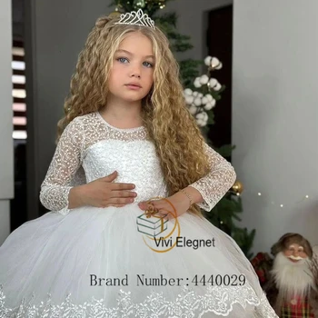 Белые платья с цветочным узором для девочек на свадьбу 2023, Детские платья с пышным кружевом и длинными рукавами, летние платья 2023