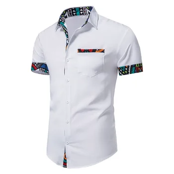 Белая Мужская рубашка с карманом в стиле пэчворк, рубашка с африканским принтом в стиле Анкары, Короткий рукав, дизайн с Африканским воротником, мужские платья-рубашки