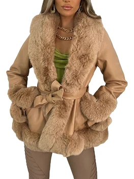 Женская кожаная куртка с открытой передней частью, повседневный плюшевый кардиган с поясом, верхняя одежда, уличная одежда