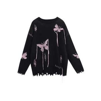 Женский черный рваный свитер Deeptown Y2k, готический Винтажный вязаный джемпер, Уличная одежда Оверсайз, трикотаж Корейской моды в стиле готик-панк