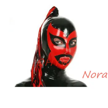 Латексная резиновая маска ручной работы, черная с красными капюшонами с Париками, молния сзади, Клубный Фетиш-Косплей