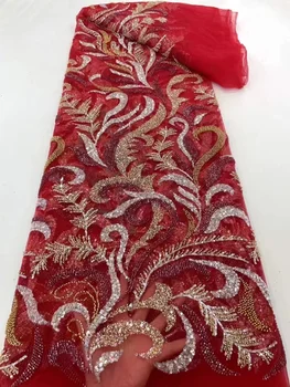 Красная африканская кружевная ткань с бисером, высококачественная вышитая французская тюлевая кружевная ткань, нигерийская кружевная ткань для свадебной вечеринки