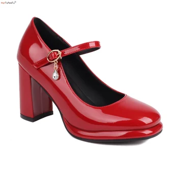 Туфли-лодочки на платформе, Женская кожаная обувь на блочном каблуке Mary Janes, Размер 34-45, утепленная Удобная мягкая обувь