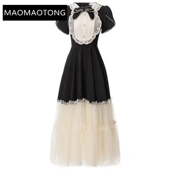 Модное дизайнерское летнее платье с круглым вырезом, коротким рукавом, бантом, бисером, пуговицами, Сетчатое Винтажное черное Длинное платье