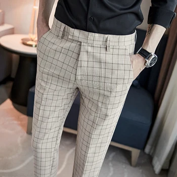 2023, Мужские Костюмные брюки, Приталенные коричневые брюки, клетчатые широкие брюки, Повседневные мужские китайские уличные модные брюки
