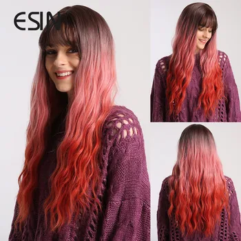 Синтетические волосы ESIN, темно-коричневое омбре с красными корнями, длинные Волнистые Парики для использования женщинами и косплея, бесплатные подарки, термостойкие