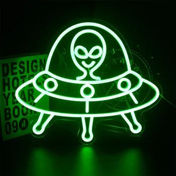 Зеленый Инопланетный светодиодный неоновый знак, Настенный декор, Неоновый космический корабль с питанием от USB, Инопланетные подарки для детей, космическая игра, Неоновый декор на День рождения