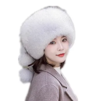 Роскошная шапка из натурального лисьего меха, Ветрозащитная русская женская зимняя лыжная шапка-ушанка в казацком стиле с кисточкой