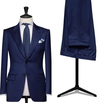 Темно-синие Деловые Официальные мужские костюмы с Остроконечным Лацканом, Однобортные Смокинги Жениха для Свадьбы, куртка-брюки из двух частей