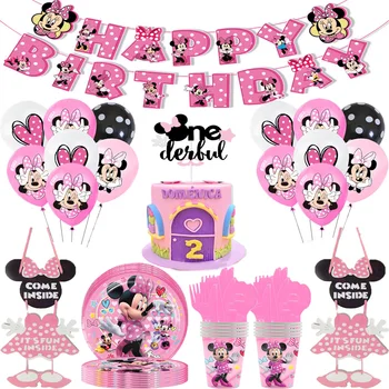 Тематический набор для Вечеринки в честь Дня рождения Disney Pink Minnie Mouse, Чашка, Тарелка, Украшение для Вечеринки в честь Дня рождения для девочек, Одноразовый набор посуды