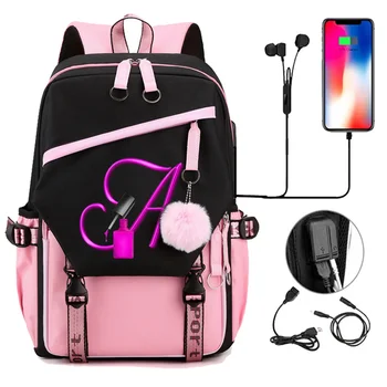 Kawaii Рюкзак, школьная сумка для девочек-подростков, 26 букв, лак для ногтей, Милые Ранцы, Школьный рюкзак, USB-порт, ноутбук, Дорожный рюкзак, сумка