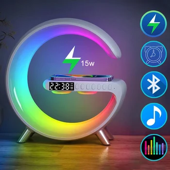 Умный RGB Ночник, светодиодная атмосферная настольная лампа, Многофункциональный будильник, Динамик, приложение для управления, Беспроводное зарядное устройство для Iphone Samsung