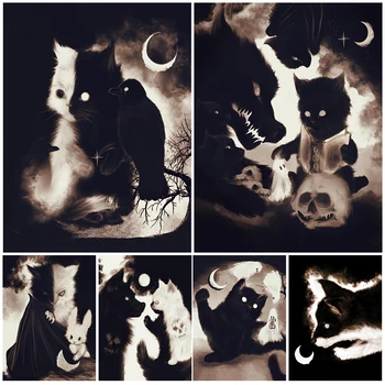 Черно-Белая Летучая Мышь Кошка Абстрактная Винтажная Настенная Живопись На Холсте, Волшебные Кошки И Призраки, Художественный Плакат, Принт, Колдовской Декор