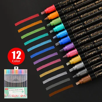 12 цветов/набор, тонкая кисть, металлические маркерные ручки, маркеры с двойным наконечником для черной бумаги, каллиграфии, рисования ручкой