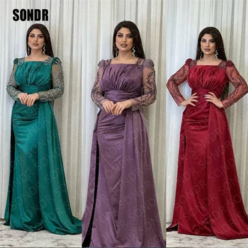 SONDR Dubai, Атласные Платья для Выпускного Вечера На заказ, Вечернее Платье с Блестящими Бусинами На Рукавах, Вечерние платья для Вечеринок Vestidos