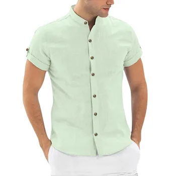 Хлопчатобумажная Льняная рубашка, Простые Свободные Тонкие Рубашки, однотонные мужские рубашки на пуговицах, Блузки с коротким рукавом, топы для отдыха