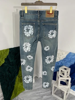 Брюки Kanye Jeans в стиле Харадзюку с цветочным принтом, уличная одежда Оверсайз, Джинсовые брюки, тонкие выстиранные стрейчевые прямые брюки