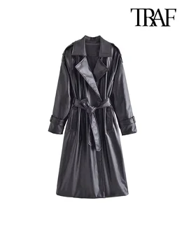 TRAF Женский модный тренч с поясом из искусственной кожи, винтажный тренч с длинным рукавом и карманами с клапанами, женская верхняя одежда, шикарное пальто
