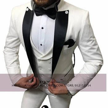 Мужской костюм, свадебный Смокинг Жениха из 3 предметов, Белый Блейзер с острым отворотом + жилет + брюки, костюм homme