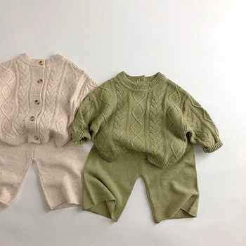Весенне-осенний детский свитер унисекс, комплект одежды для мальчиков, вязаный свитер с закрутками и брюки длиной до икр, комплект одежды для девочек из 2 предметов