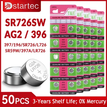 DStartec 50 ШТ. AG2 Батарейка для монет LR726 396 Щелочная Батарея с кнопочной Ячейкой 1,55 В SR726SW 396A LR726 397 для Часов Игрушки Без Ртути