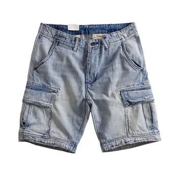 Летние хлопчатобумажные джинсовые шорты с несколькими сумками мужские выстиранные повседневные никелевые брюки светло-синего цвета tide