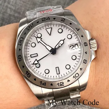 Исследуйте белые механические часы NH34 GMT для мужчин с циферблатом с черным краем, роскошный 24-часовой стальной безель 100 м, водонепроницаемые Часы 39 мм Reloj