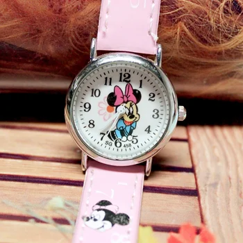 Детские часы Disney с Микки и Минни, водонепроницаемые модные мультяшные часы для детей, ремешок из искусственной кожи, кварцевые часы для девочек, подарки на День рождения
