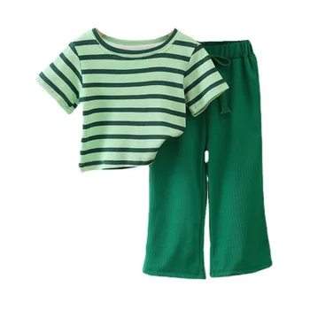 Новый летний костюм для маленьких девочек, Детская футболка в полоску с коротким рукавом, штаны, 2 шт./компл., повседневный костюм для малышей, детские спортивные костюмы