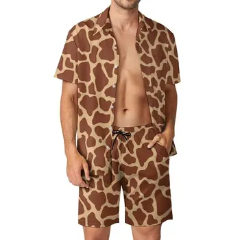 Мужские комплекты с принтом жирафа, Коричневые повседневные шорты с животными, комплект рубашек для отпуска, Летний Гавайский дизайнерский костюм с короткими рукавами, одежда оверсайз