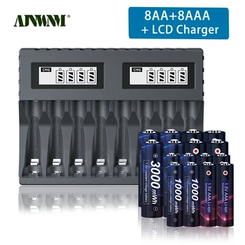 AJNWNM Литий-ионная аккумуляторная батарея 1,5 В AAA + AA Литий-ионные аккумуляторы AA AAA Ячейка AAA AA с 8 слотами Зарядное устройство 1,5 В AA AAA